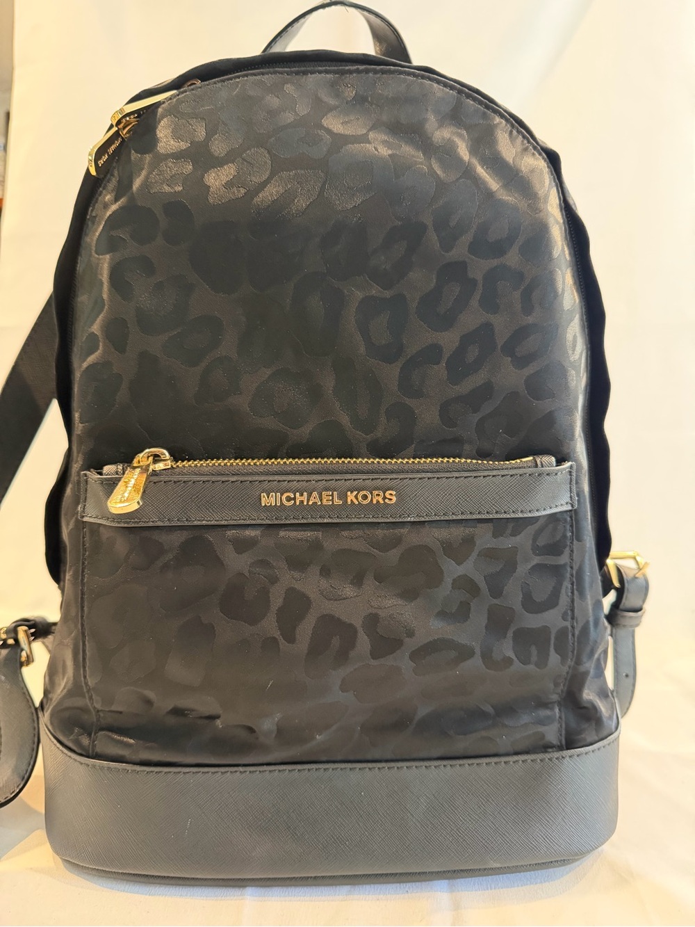 Michael Kors Black Leopard-Print Nylon Backpack with Gold Accents